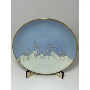 Mitsu-Boshi Japan Porcelain Saucer Blue White Egrets Herons Gold Trim Set of 4